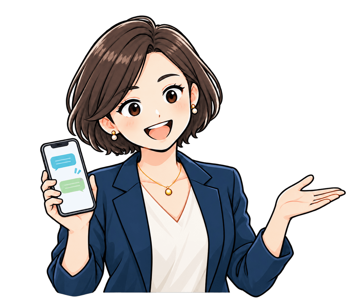 スマートフォンを手に相談を案内する女性スタッフのイラスト