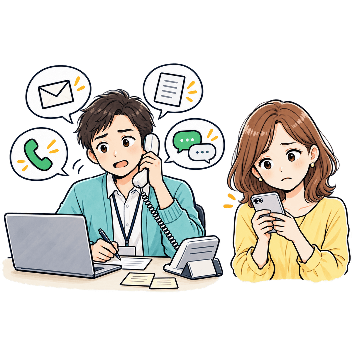 スマートフォンを見ながら迷う保護者と、問い合わせ対応に追われる教室スタッフのイラスト