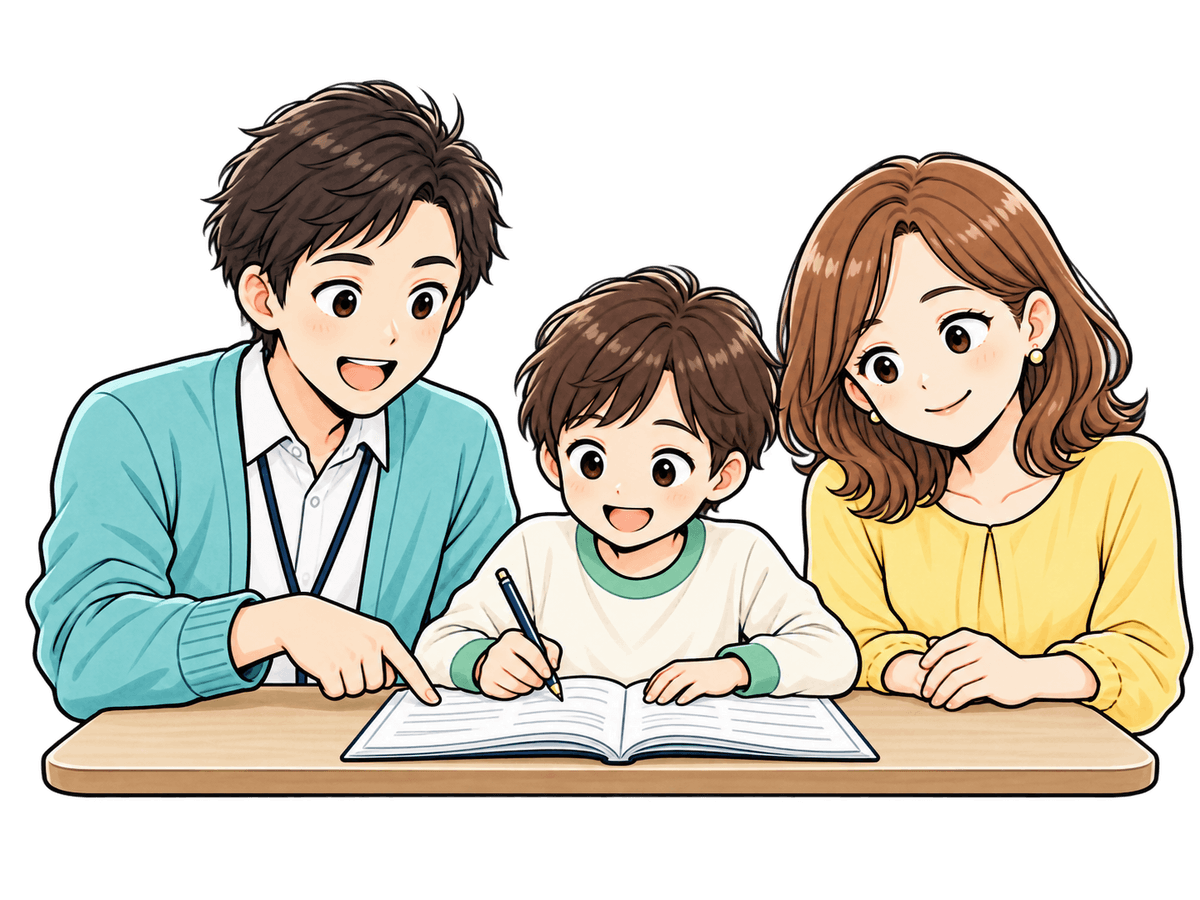 教室スタッフと保護者が体験授業の案内や相談をする様子